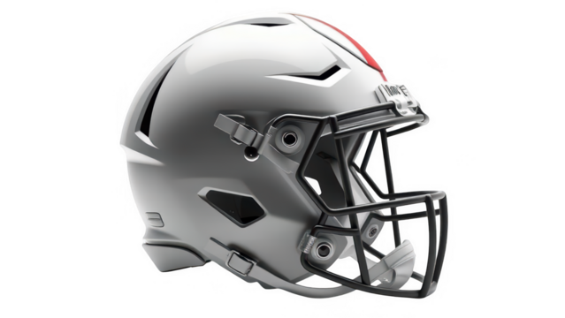 Football helmet isolated on transparent background the helmet is silver with a red stripe and a black face mask, used for american football game - Powered by Adobe
