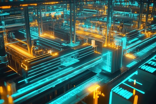 An innovative eco-conscious production line, showcasing raw material to sustainable product completion, embedded with data-driven carbon footprint analytics, futuristic turquoise concept