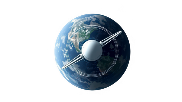 Earth globe with satellite isolated on transparent background space exploration and communication concept global network and technology worldwide connection