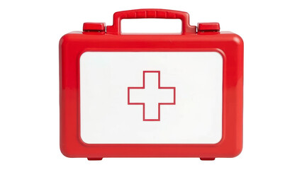 Fototapeta premium Red first aid kit isolated on transparent background, a vital supply box for emergency medical assistance and basic healthcare needs