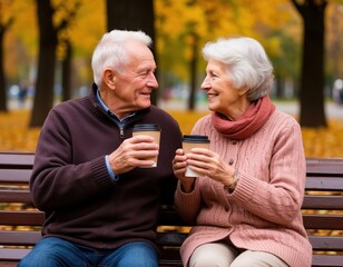elderly woman and man drinking coffee on a park bench.