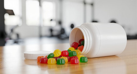 Creatine gummies spilling from a bottle in a modern gym. Colorful chewable supplements for fitness and workout. Sports nutrition and wellness concept.