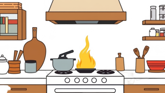 A cozy kitchen scene with a stove, cabinets, and various kitchenware, creating a warm and inviting atmosphere for cooking and meal preparation isolated on transparent background
