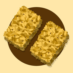 A pair of golden-brown Rice Krispie treats made from puffed rice cereal and marshmallows on beige background, perfect for celebrating Rice Krispie Treat Day on September 18th.