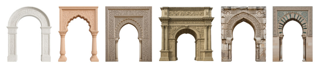 Architectural arch set including ornate, carved, stone, and decorative gateway designs isolated. Historical and cultural design elements.
