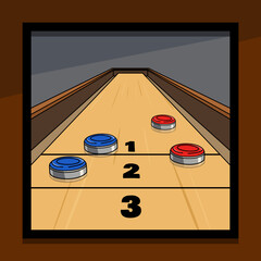 A table shuffleboard game is in progress with four red and blue pucks on a polished wooden surface. Sports event banner is perfect for celebrating National Table Shuffleboard Day on September 17th.