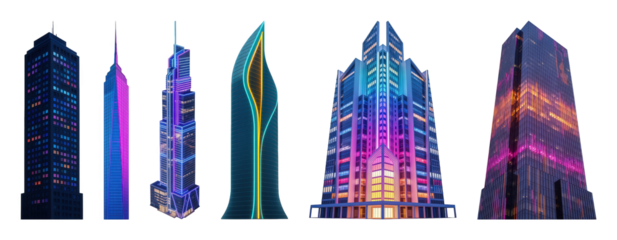 Modern skyscraper set including various illuminated architectural styles isolated. Futuristic city architecture and urban development.