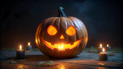 Jack o' lantern pumpkin with glowing carved face in dark Halloween setting. Illuminated pumpkin with dark candles on a rustic surface. emphasizing the spooky ambiance.