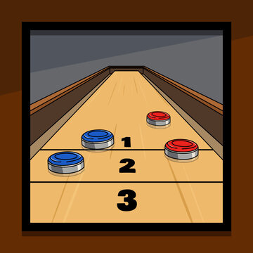 A table shuffleboard game is in progress with four red and blue pucks on a polished wooden surface. Sports event banner is perfect for celebrating National Table Shuffleboard Day on September 17th.