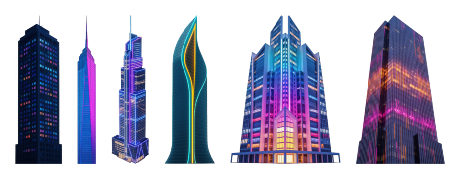 Modern skyscraper set including various illuminated architectural styles isolated. Futuristic city architecture and urban development.