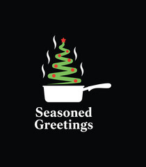 Seasoned Greetings Christmas Cooking Pun T‑Shirt Design – Saucepan with Steam Christmas Tree