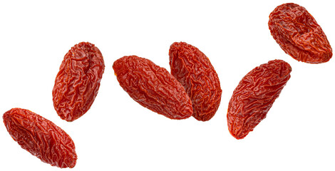 Falling dried goji berries isolated on white background © xamtiw