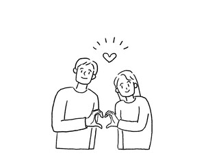 ハートポーズをする若いカップル、男女、夫婦、線画、