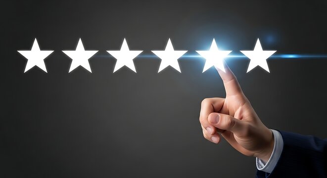 Hand touching five star rating concept customer feedback satisfaction service quality review experience positive evaluation excellent performance and success