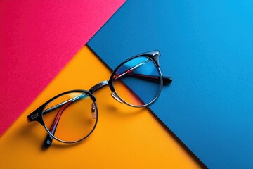 Stylish eyeglasses on vibrant geometric background with bold colors and modern minimal aesthetic for optical fashion and vision concepts
