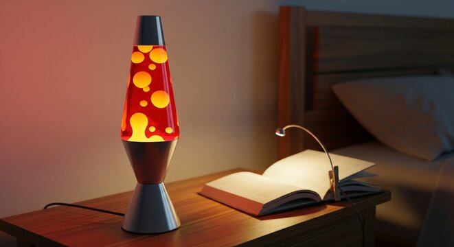 Cozy bedroom nightstand with glowing red lava lamp, open book, and soft shadows. Warm, calming mood with orange-red hues. AI Generated - Powered by Adobe
