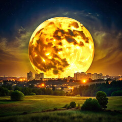 A serene night landscape featuring a big yellow moon glowing brightl