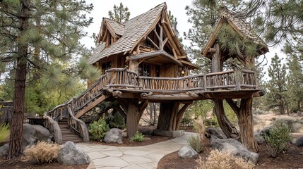 Charming Wooden Tree House Nestled Among Tall Pine Trees