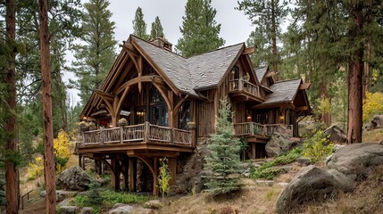 Cozy Wooden Cabin Surrounded by Nature in Serene Forest Landscape