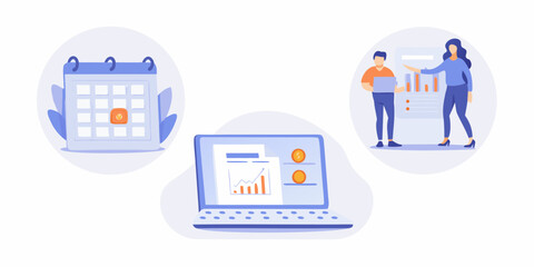 Business analytics and financial planning with calendar and laptop showing growth charts and coins