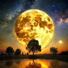 A serene night landscape featuring a big yellow moon glowing brightl