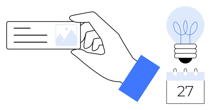 Hand holding business card, minimalist light bulb, and calendar with date. Ideal for creativity, planning, networking, organization, ideas business strategy event management. Clean simple flat - Powered by Adobe