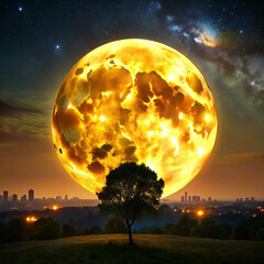 A serene night landscape featuring a big yellow moon glowing brightl