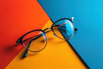 Stylish eyeglasses on vibrant geometric background with bold colors and modern minimal aesthetic for optical fashion and vision concepts