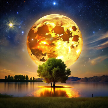 A serene night landscape featuring a big yellow moon glowing brightl