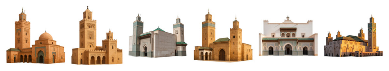 Fototapeta premium Moroccan Islamic architecture set including minarets, mosques, and traditional buildings isolated. Cultural and religious landmarks collection.