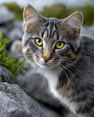 Fototapeta premium Cat's Emerald Gaze: A captivating cat with striking green eyes and a patterned coat gazes at the camera, showcasing its elegance in nature.
