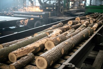 Logs on conveyor belt at sawmill. Wood processing industry