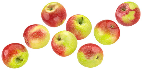 Falling red and green apples isolated on white background, full depth of field