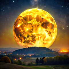 A serene night landscape featuring a big yellow moon glowing brightl