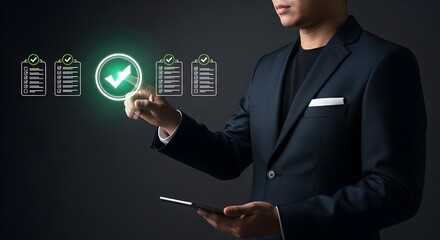 A man in a suit interacts with a digital interface showing checklists, selecting one with a green checkmark, holding a tablet.