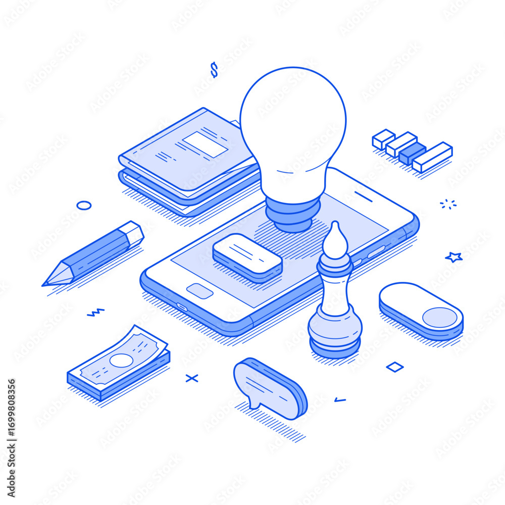 Wall mural business innovation idea analyzing development smartphone application isometric vector illustration.
