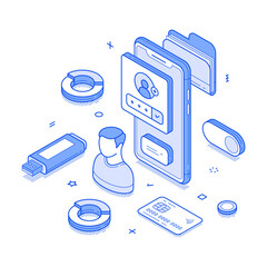 Fototapeta na wymiar Personal account user data online banking smartphone app isometric vector illustration. Mobile interface access authentication password information storage verification authorization technology