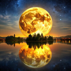 A serene night landscape featuring a big yellow moon glowing brightl