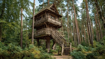 Rustic Treehouse Nestled Among Tall Pines in Serene Forest Setting