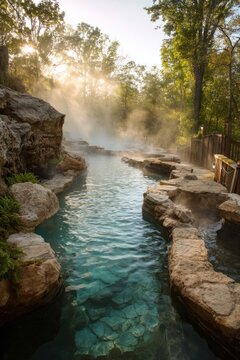 A vacation rental near hot springs. Guests soak in steaming pools. The mood feels soothing and refreshing, Generative AI