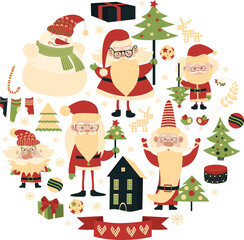 Vector collection of christmas items. Santa Claus, Christmas tree,snowman