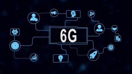 Abstract digital illustration of 6g technology concept with associated icons on dark blue background