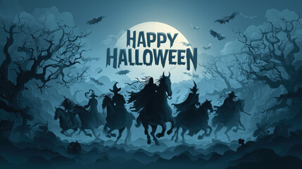 Spooky Halloween scene with ghostly riders against a full moon backdrop.