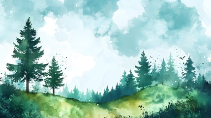 Fototapeta premium A serene landscape featuring lush green meadows and tall pine trees under a bright blue sky with fluffy clouds. Watercolor pine trees forest illustration