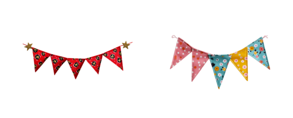 Fabric triangle pennants with star and floral patterns on transparent background, cut out