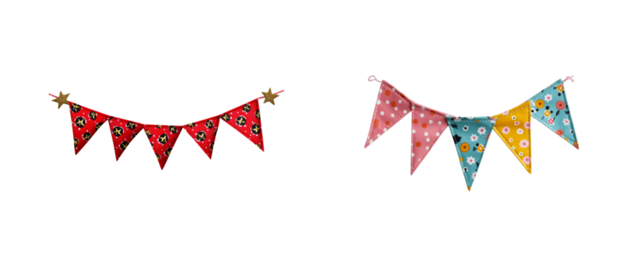 Fabric triangle pennants with star and floral patterns on transparent background, cut out