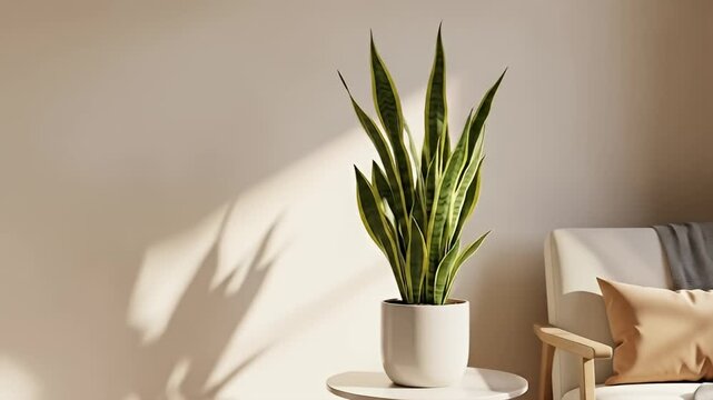 Serene indoor scene featuring a tall snake plant beside a cozy armchair with soft lighting