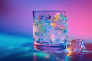 Glass filled with crystal clear ice cubes on reflective surface with vibrant neon lighting, abstract concept of refreshment, nightlife and cool beverage