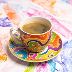Psychedelic Swirls of Color A Vibrant Coffee Cup on an Abstract Painted Backdrop.
