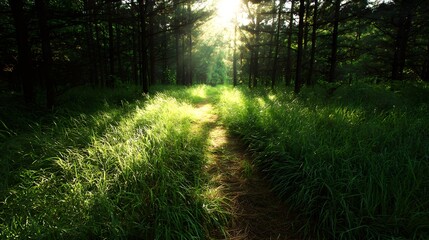 Obraz premium A serene forest path illuminated by sunlight filtering through trees, surrounded by lush green grass and foliage